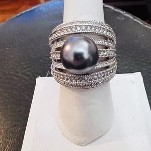 Silver Black Pearl Multi-Row Crystal Ring